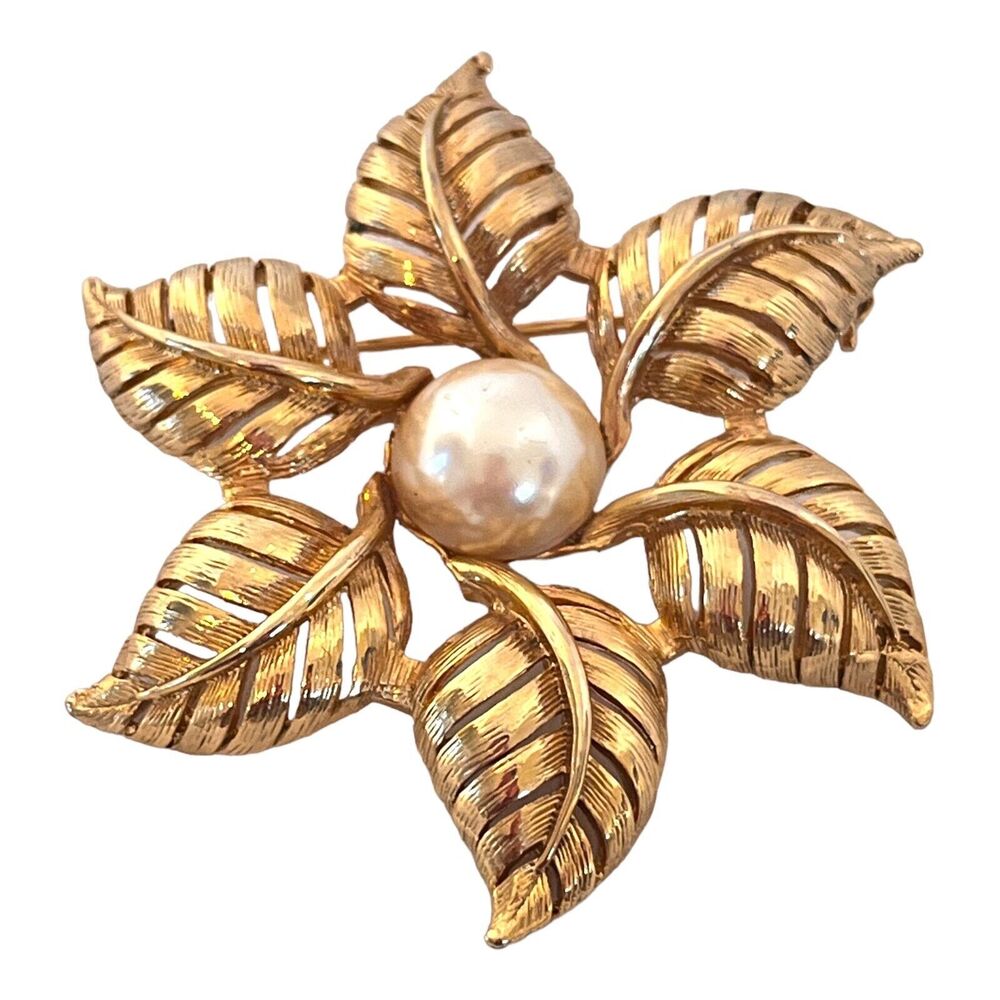 Vintage 1980s Alan J Leaf Brooch Simulated Pearl Gold Tone Pin - 6I